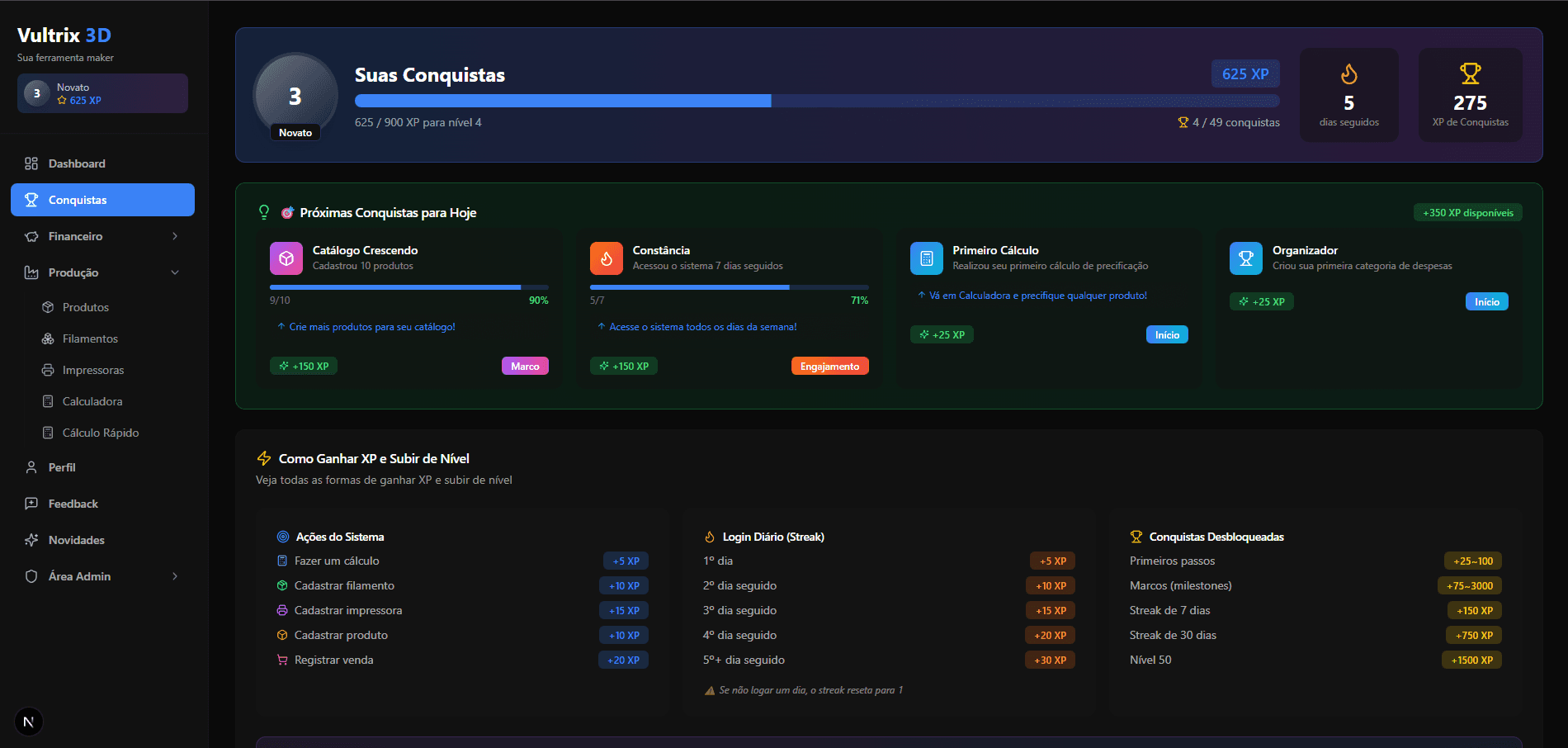 Sistema de gamificacao com niveis e conquistas