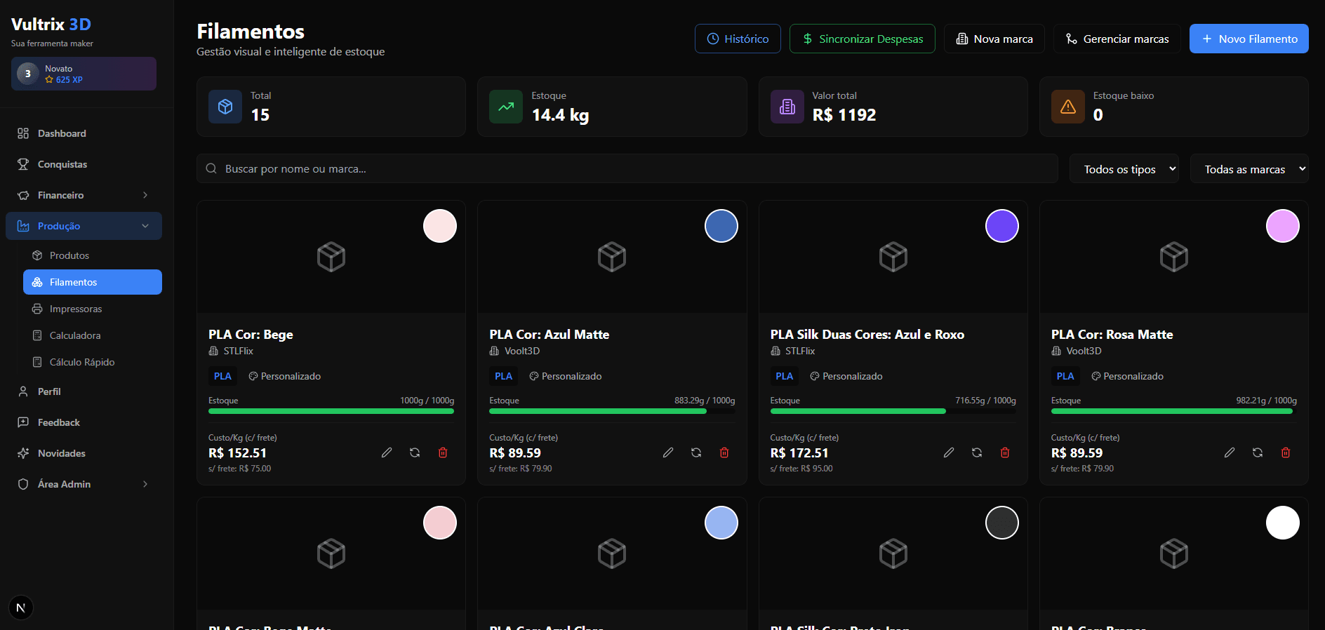 Gestao de filamentos com controle de estoque por marca e cor